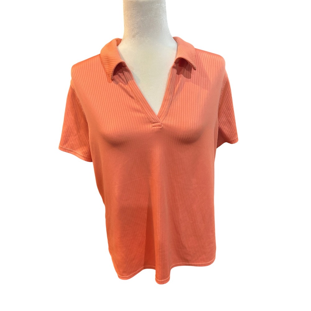 Xersion Ribbed Polo Top‎ Women L Orange Good V-Neck Short Sleeve Casual Chic